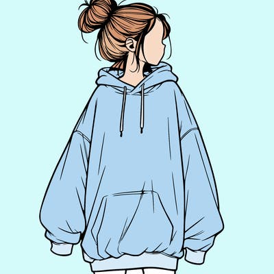 realistic girl with a oversized sweatshirt on and a bun