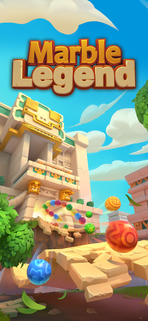 Marble Legend - Marble Legend game title screen showing colorful marbles and an ancient temple architecture under a clear blue sky