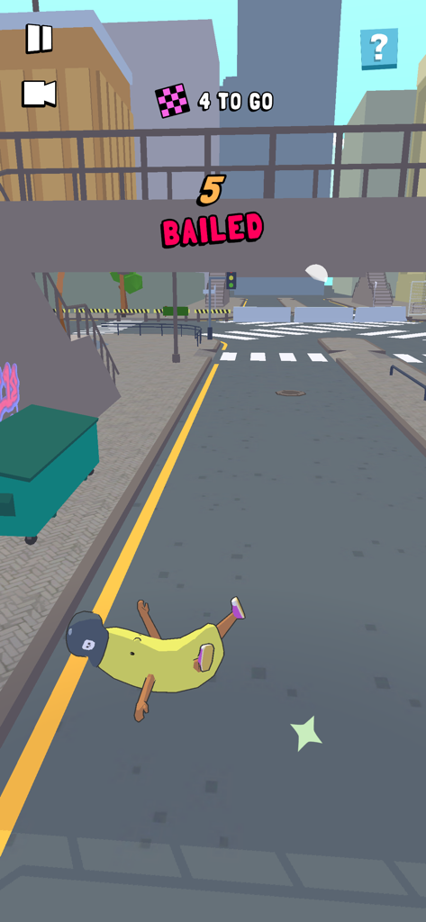 Perfect Grind - Um personagem banana maluco deitado em uma rua da cidade após cair no jogo de skate Perfect Grind