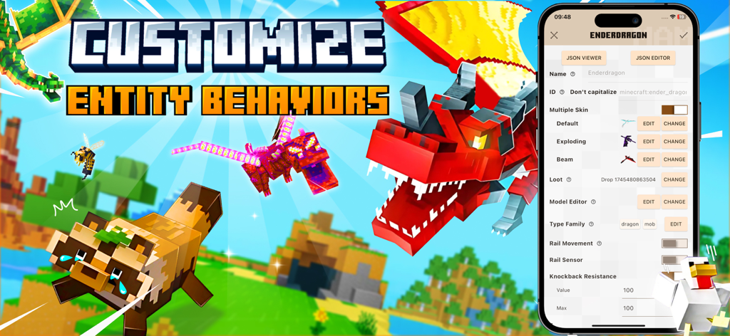 Addons Maker for Minecraft - Interface of Addons Maker for Minecraft showing entity behavior customization for a dragon mob.