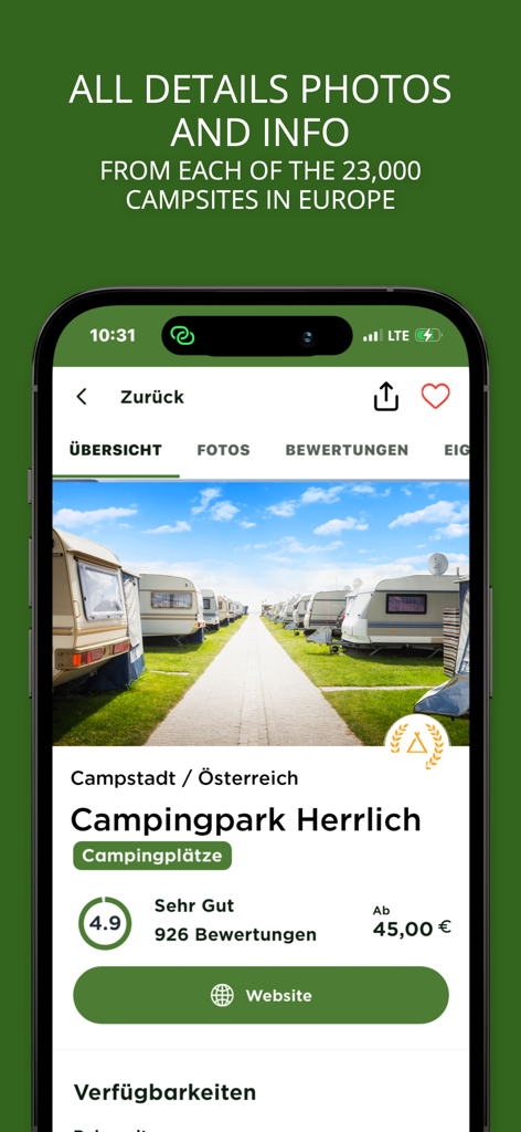 A mobile app screen showing detailed information for a European campsite including photos reviews and pricing