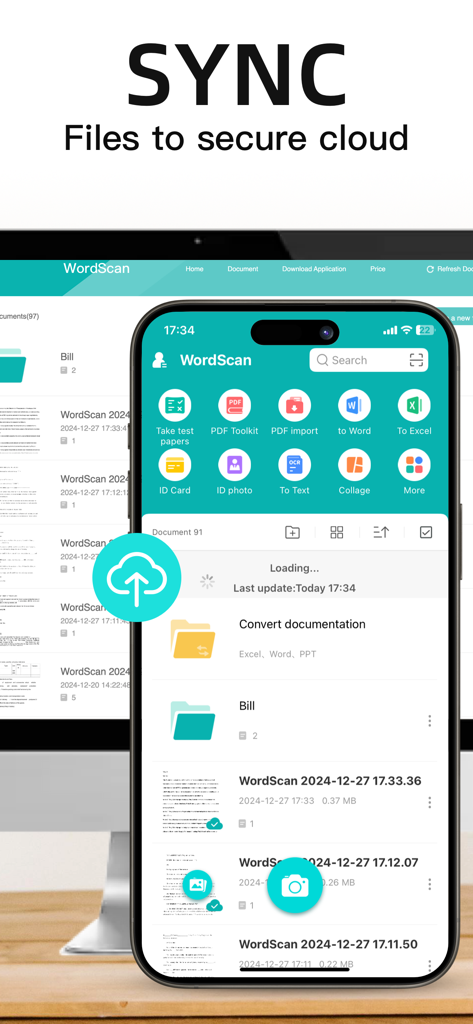 WordScanアプリのインターフェースで、モバイルおよびデスクトップデバイス間で安全なクラウドファイル同期を実演