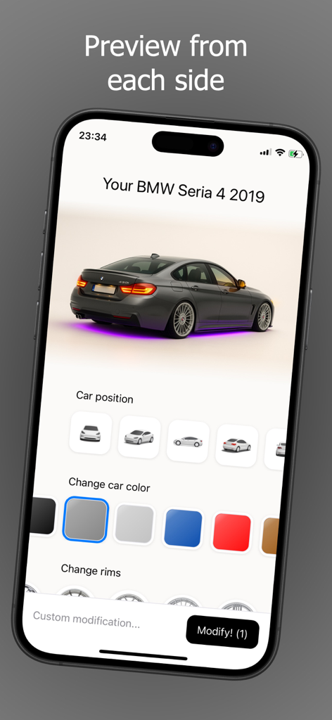 CarMod AI App-Oberfläche, die Anpassungsoptionen für einen BMW anzeigt, einschließlich der Auswahl von Farbe und Felgen