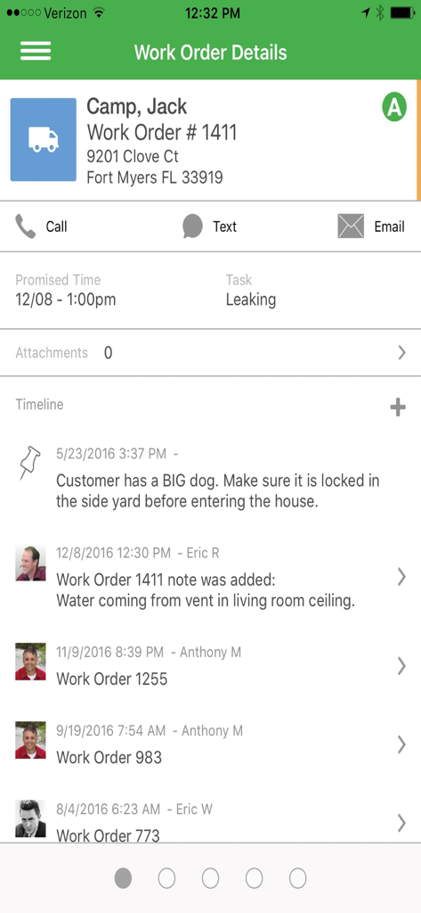 Work Order Details screen in the FieldEdge mobile app showing customer information, service task, and historical timeline of notes for a technician.