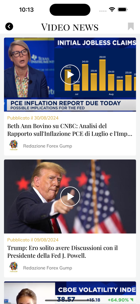 Forex Gump News - Forex Gump News app interface showing a feed of financial video reports and market analysis