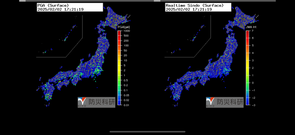 地表PGAと震度を示す日本の二重リアルタイム地震監視マップ