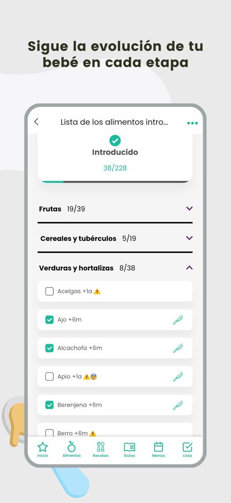 BLW Ideas Recetas Bebés - Una pantalla de aplicación móvil que muestra una lista de verificación de progreso para los alimentos introducidos para bebés, categorizados por grupo de alimentos