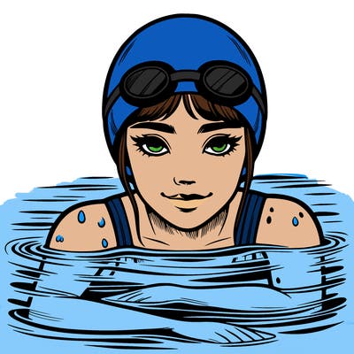 realistic girl swimmer, cap on water