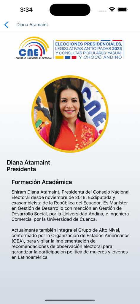 Profile screen of Diana Atamaint the President of the National Electoral Council on the CNE App including her photo and academic background
