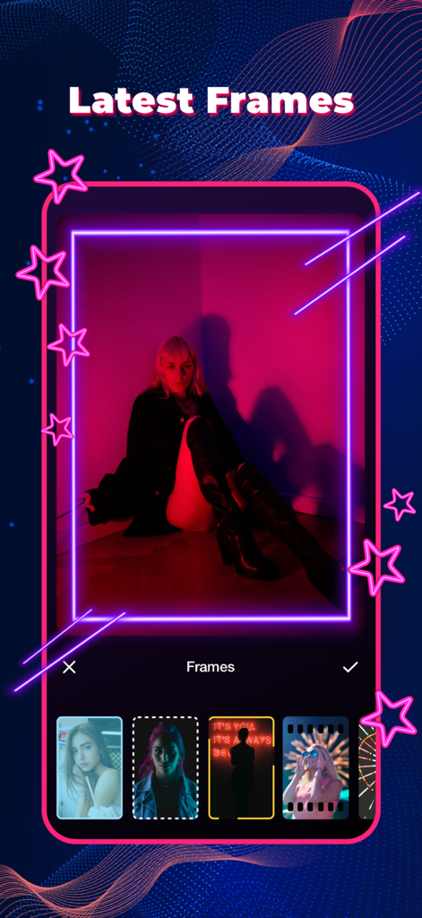 A mobile interface for Vlog Star Maker showing a person in red lighting with neon purple frames and glowing stars.