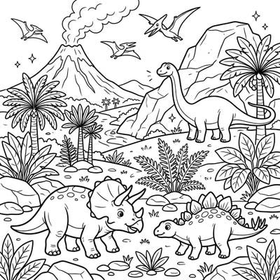 Journey back to a time when dinosaurs roamed the Earth with this captivating coloring page designed for kids. Little artists will love bringing to life a vibrant prehistoric scene filled with friendly ancient creatures and a majestic erupting volcano.