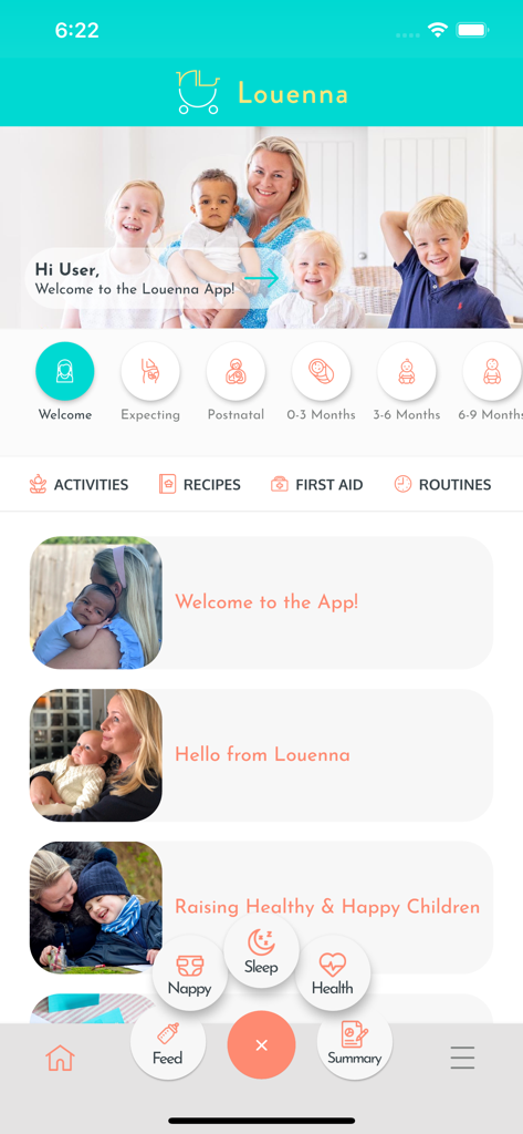Nanny Louenna - Home screen of the Nanny Louenna app featuring baby development stages and tracking tools