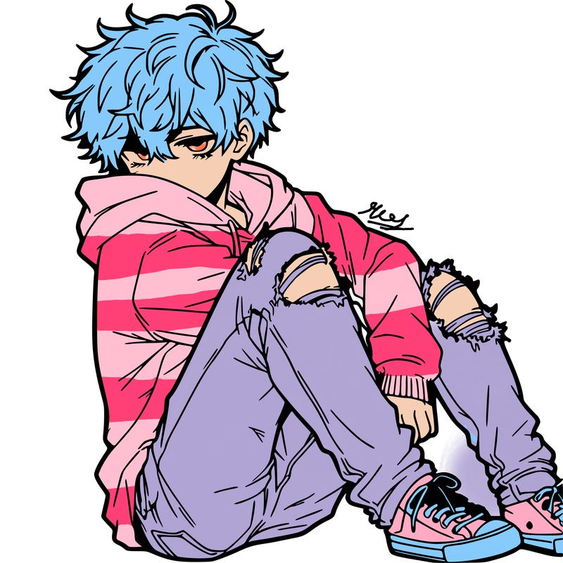 a male hoddie ripped jeans messy hair anime