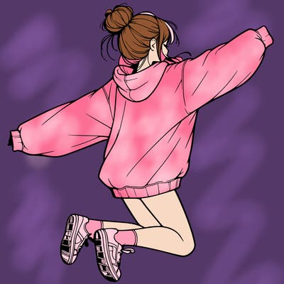 realistic girl jumping with a bun and oversized sweatshirt