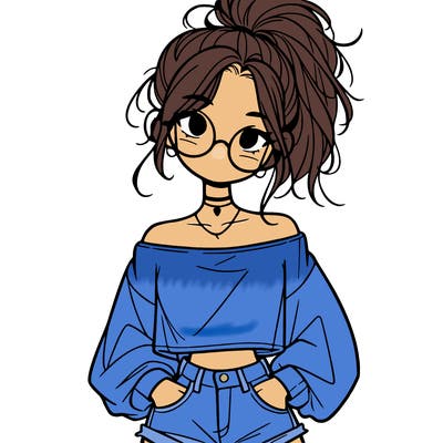 girl with a messy ponytail glasses a baggy crop top and jean shorts