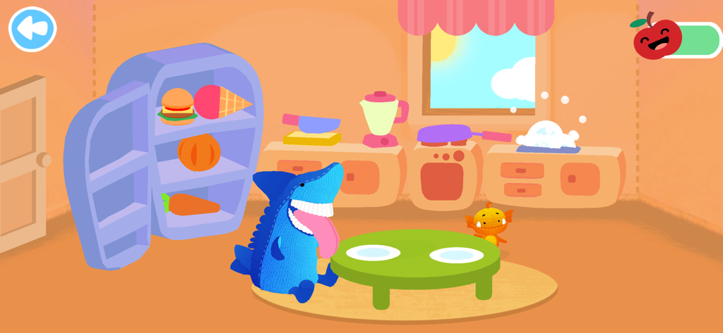 Moka Mera Lingua - Atlas the shark and Moka Mera in a colorful toy kitchen with a fridge and food items