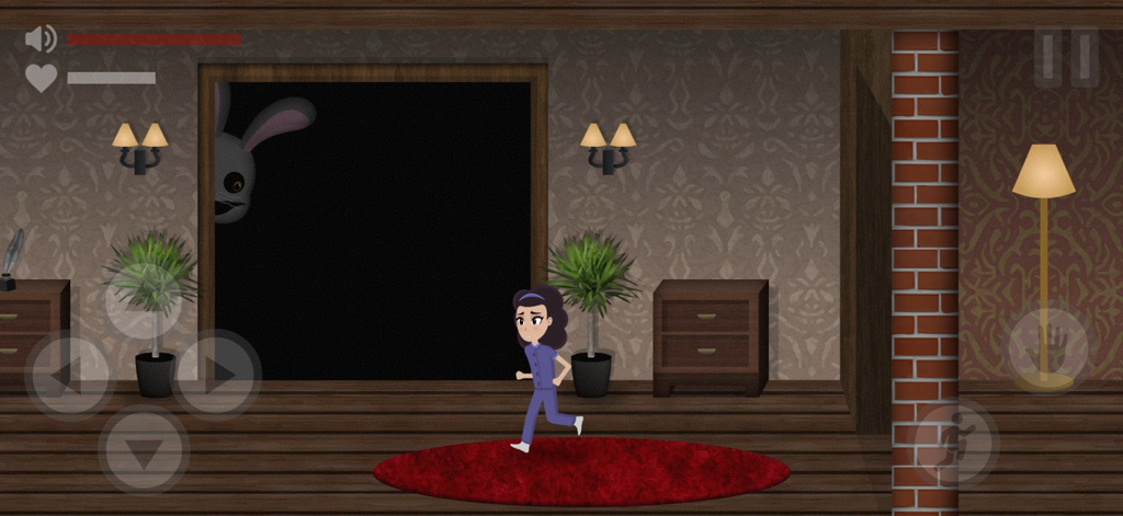 Mr. Hopp's Playhouse 2 HD - A girl in blue pajamas runs through an orphanage room while a creepy rabbit toy peeks from the darkness.