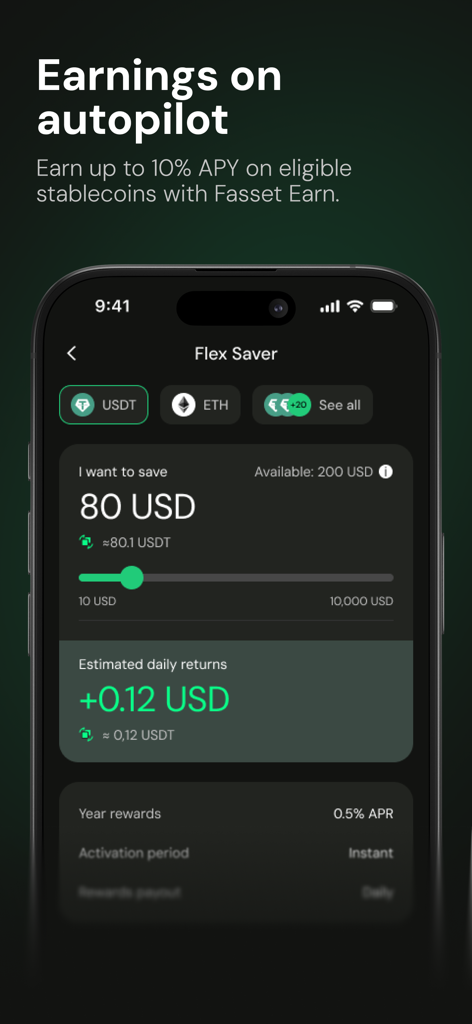 Fasset app screen showing earnings on stablecoins via the Flex Saver feature.