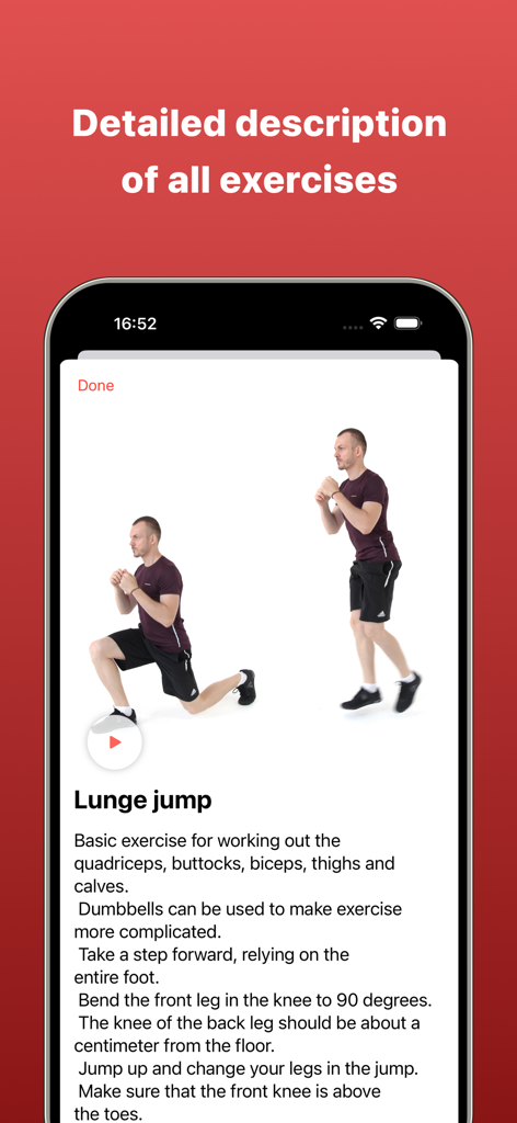 Workout For Women & Men - Detailed exercise description screen for a lunge jump in the Workout For Women and Men app.