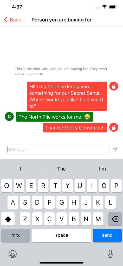 Anonymous chat interface between a Secret Santa and their gift recipient in the app