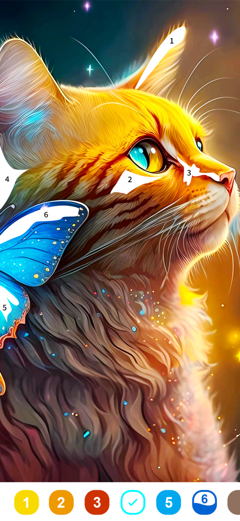 Digitale Malen-nach-Zahlen-Oberfläche mit einer lebendigen Fantasy-Katze und einem blauen Schmetterling