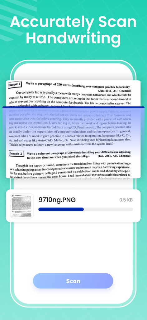 Image to Text: PDF Scanner App - 手書きをデジタルテキストに変換するためにドキュメントをスキャンするモバイルアプリのインターフェース