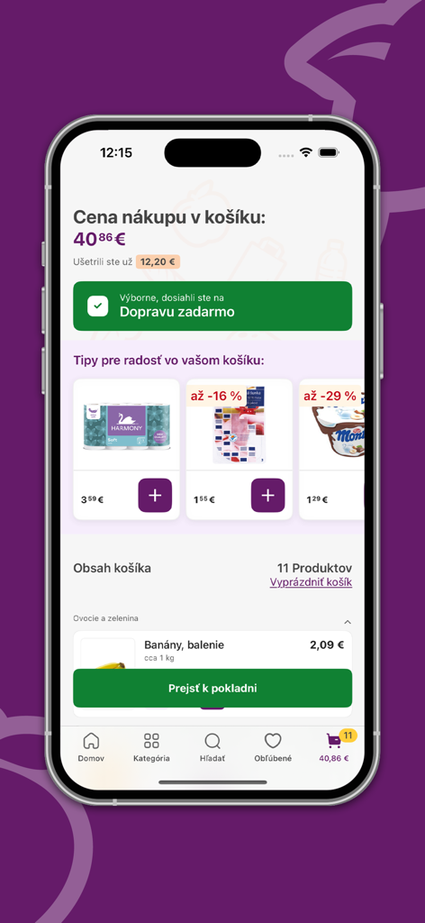 Košík.sk - Kosik.sk mobile app shopping cart summary screen with free delivery notification and checkout button