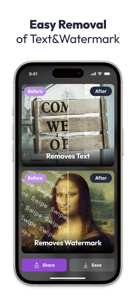 Smartphone screen showing the Swipe Cleaner app removing text and watermarks from pictures