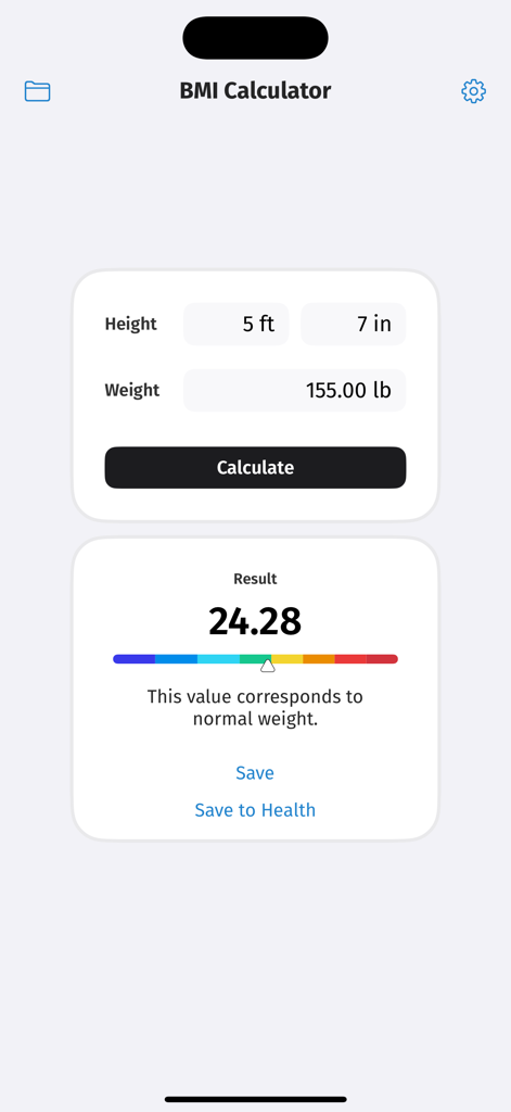 BMI Calculator - Quick & Easy - 키 5피트 7인치, 몸무게 155파운드, BMI 24.28(정상 체중)을 표시하는 BMI 계산기 앱 인터페이스.