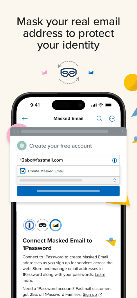 Fastmail – Email & Calendar - Fastmail app screen showing how to create masked email addresses and connect with 1Password to protect digital identity.
