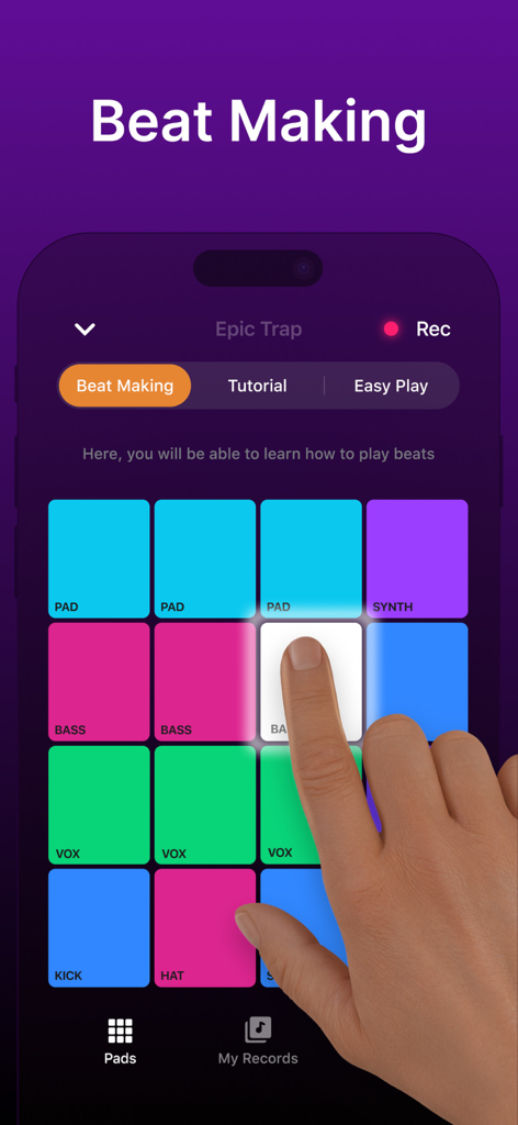 Go Beat • Music & Sound Maker - Interfaz de la aplicación creadora de música Go Beat que muestra una mano tocando pads de sonido coloridos para crear un ritmo de trap.