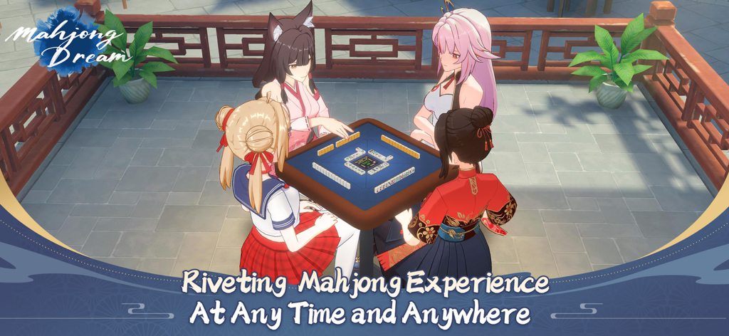 Cuatro personajes anime 3D jugando una partida de Riichi Mahjong en una terraza al aire libre.