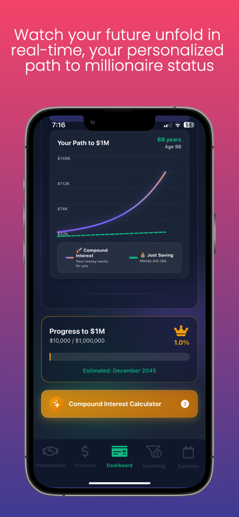LongMoney - LongMoney mobile app screen showing a compound interest chart and progress bar towards a one million dollar goal.