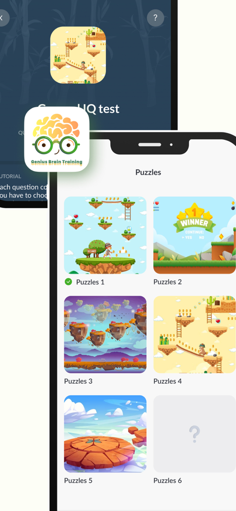 Genius Brain Training - Interface of the Genius Brain Training app showing a menu of colorful gamified puzzles for cognitive training