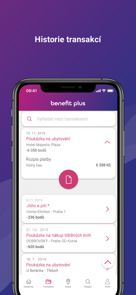 Transaction history screen of the Benefit Plus app showing recent employee benefit usage.