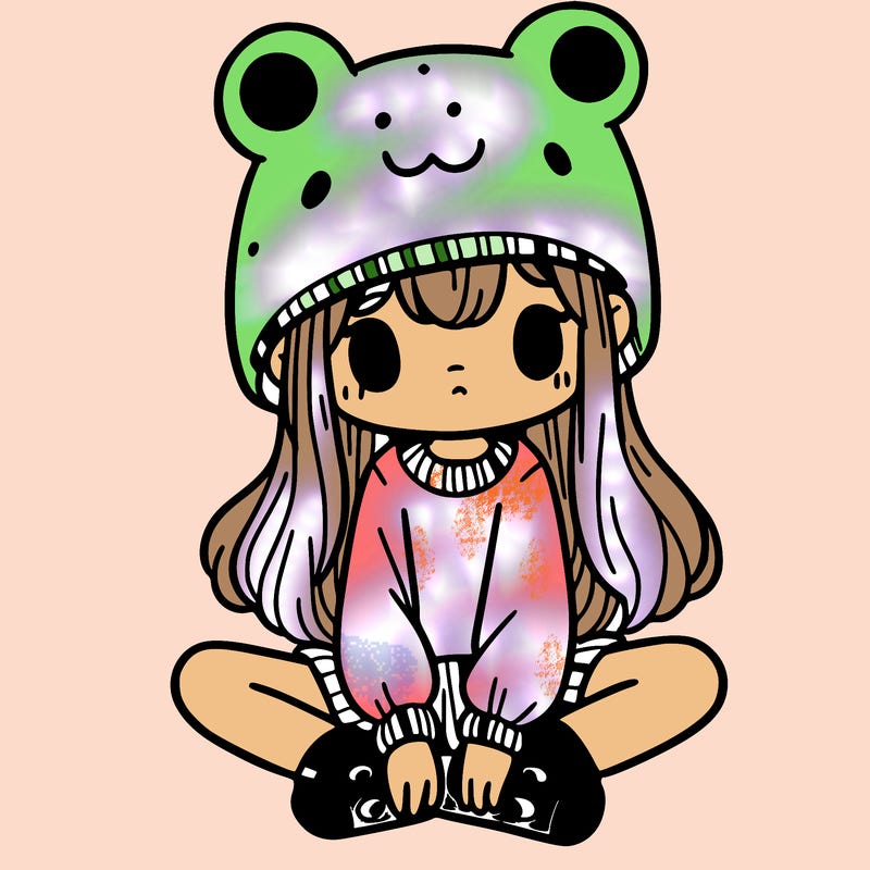 a girl wearing a frog hat and some frog socks