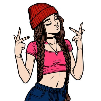 realistic teenage girl with braids and a beanie and crop top doing 🫶🏼