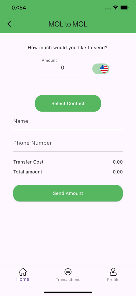 MOL-Pay - MOL-Pay app screen showing the peer to peer money transfer interface with amount and contact fields