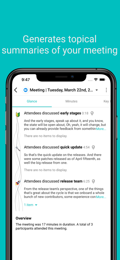 Sembly AI app interface displaying topical summaries of a recorded meeting