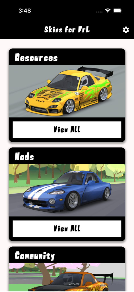 Skins for FR Legends - Interface principal do aplicativo Skins para FR Legends mostrando categorias de skins de carro como Recursos, Mods e Comunidade com pré-visualizações visuais