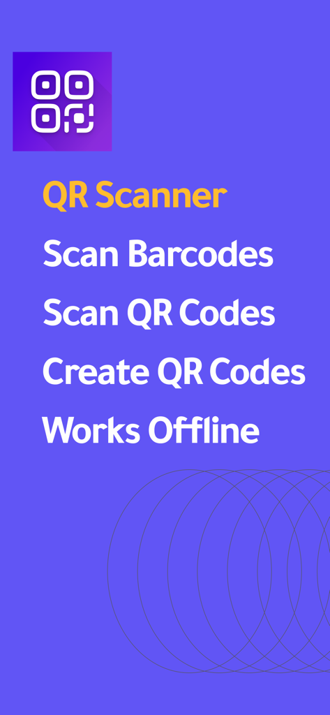 QR Scanner - Fast Code Reader - Lista de funciones principales de la aplicación Escáner QR que incluye escanear códigos de barras, escanear códigos QR, crear códigos QR y funcionalidad sin conexión.