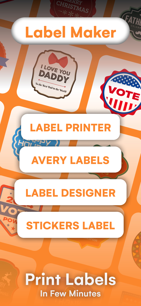 AI Label Maker, Logo Generator - Interfaz de la aplicación AI Label Maker que muestra botones para impresora de etiquetas, diseñador, pegatinas y etiquetas Avery.