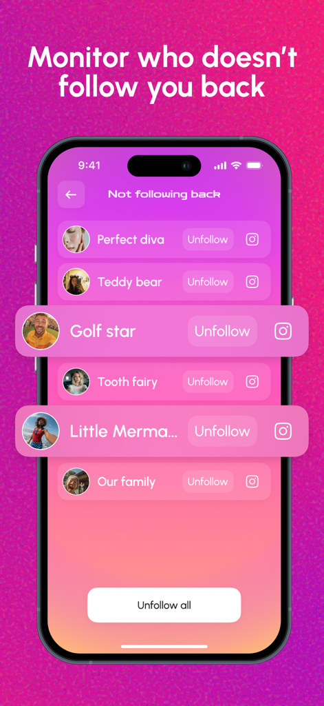 Lista de contas do Instagram que não seguem de volta com uma opção para deixar de seguir todos.