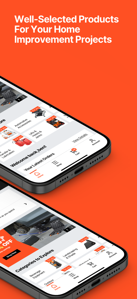 VEVOR Home Improvement Tools - Dois iPhones exibindo o aplicativo de compras VEVOR com várias categorias de ferramentas para melhorias em casa