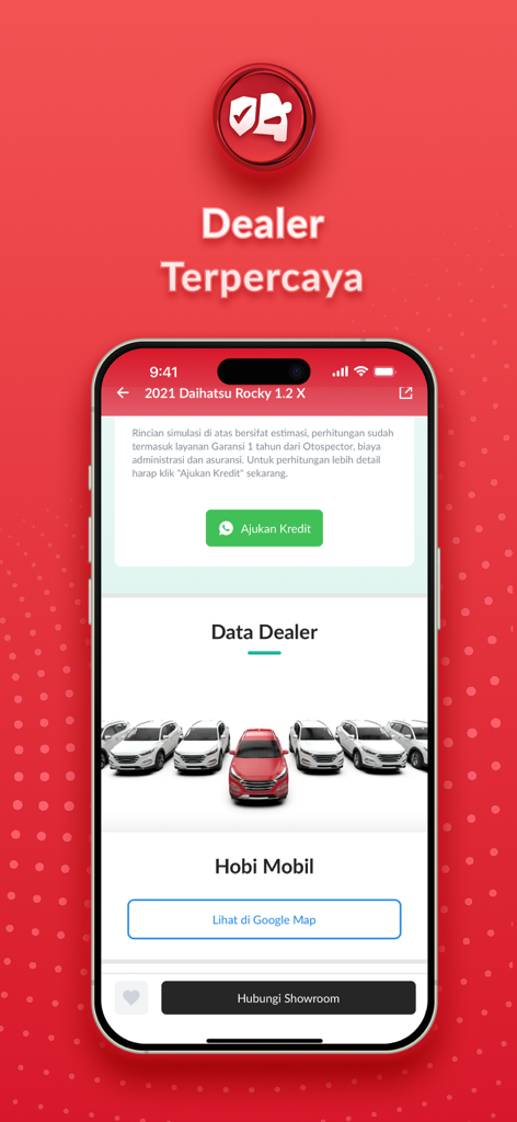 OTOS - Garansi & Bursa Mobil - OTOS app interface showing a used car listing from a trusted dealer with options to apply for credit and contact the showroom