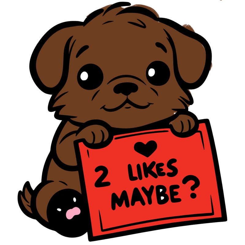 a puppy holding a sign that says 2 likes maybe?