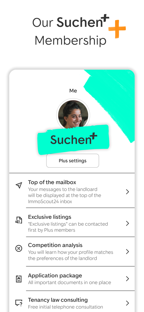 ImmoScout24 - Real Estate - Interfaz de la aplicación ImmoScout24 que muestra los beneficios de la membresía premium Suchen Plus para compradores de viviendas