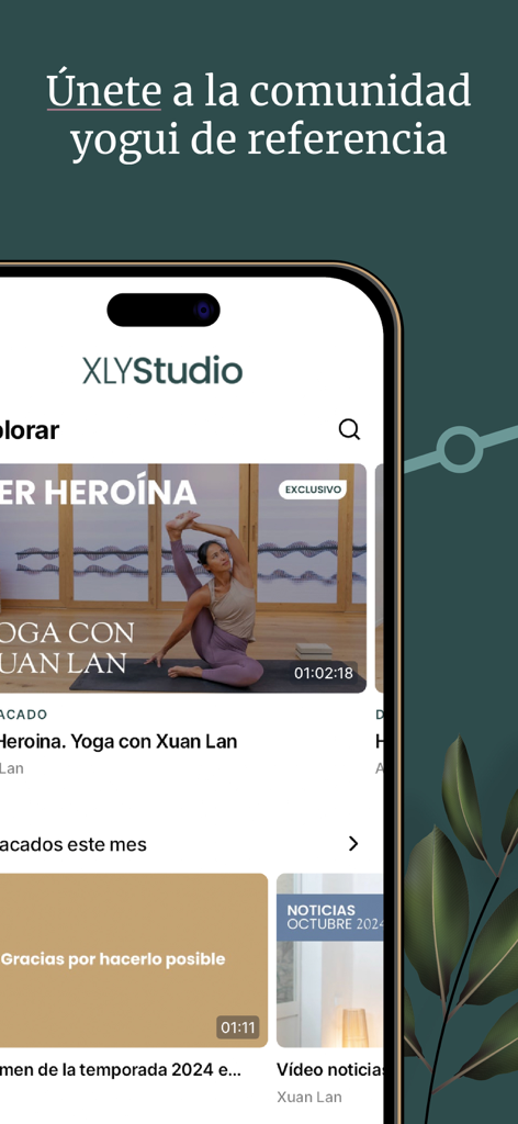 Xuan Lan Yoga y Bienestar - XLYStudio mobile app home screen showing yoga classes in Spanish with Xuan Lan