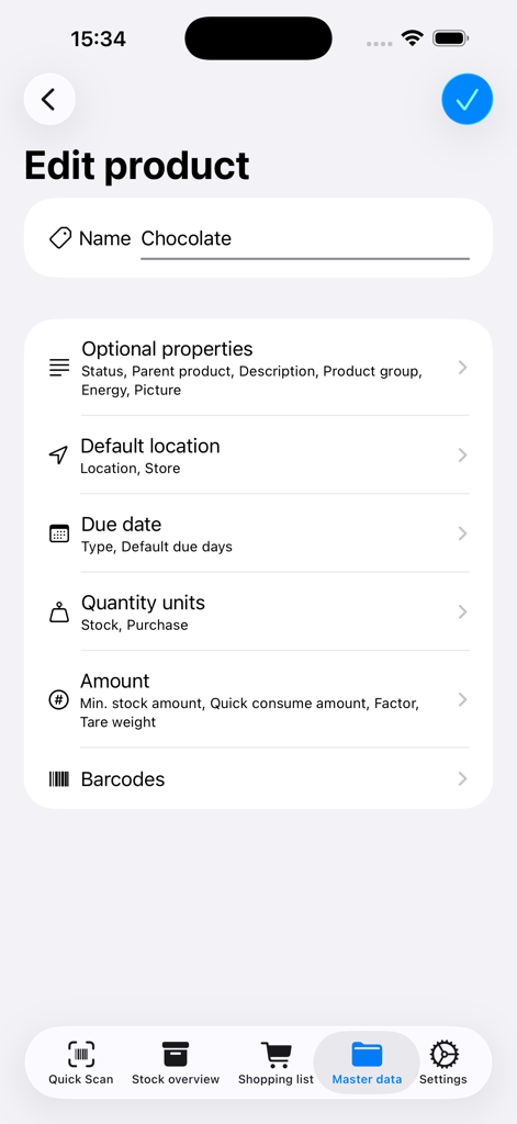 Grocy Mobile - The Edit product screen in the Grocy Mobile app displaying management options for a chocolate item including location due dates and barcode settings