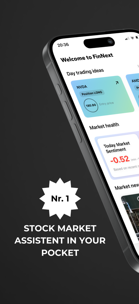 Finnext: AI Stock Forecasts - Finnext mobile app interface showing day trading ideas for NVDA and daily market sentiment tracking.
